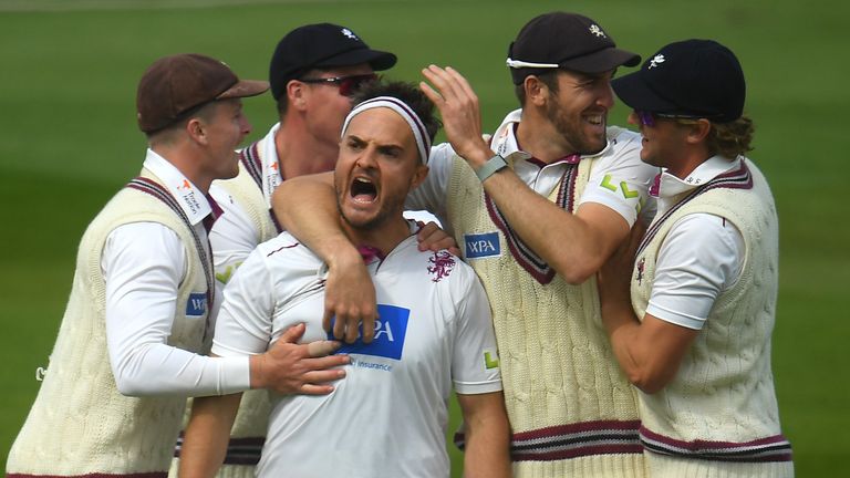 Jack Brooks of Somerset celebrates after taking the wicket of Warwickshire's Danny Briggs