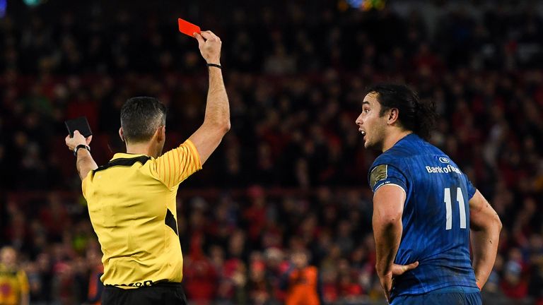 Leinster's James Lowe received a straight red card in the first half, after dangerously taking out Andrew Conway in the air