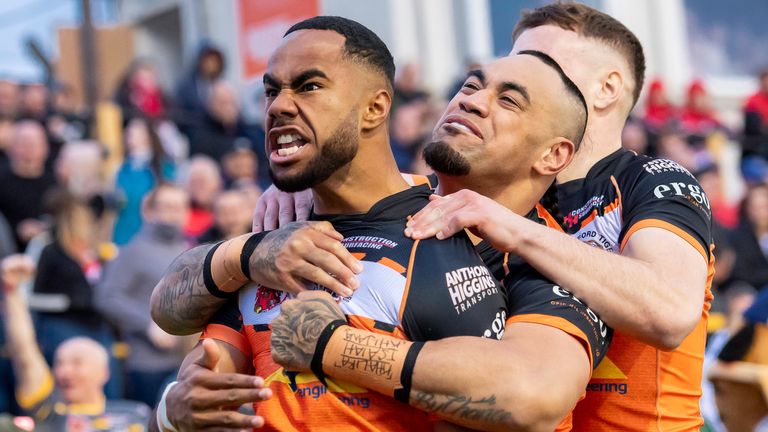 Jason Qareqare celebrates his try for Castleford against St Helens