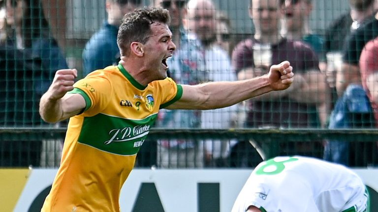 Donal Wrynn of Leitrim celebrates after scoring his side's second goal