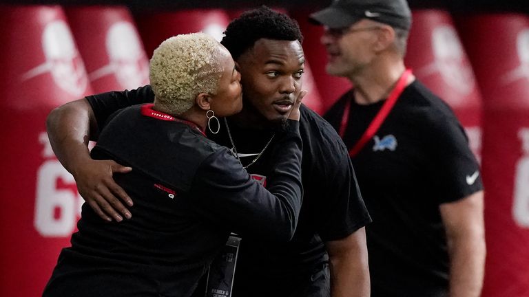 Nakobe Dean and mother Nesetta Dean (left) during Pro Day in Georgia. 