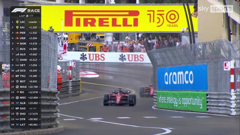 Charles Leclerc, Monaco Grand Prix'sinde ıslak zeminde sürücüleri yuvarlanan bir başlangıçtan uzaklaştırıyor. 