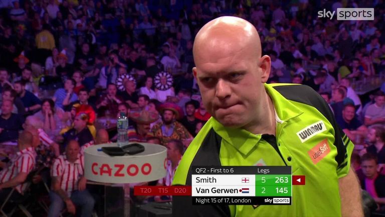 Van Gerwen showed what he can do with this spectacular 145 checkout during his Premier League clash with Michael Smith at London's O2