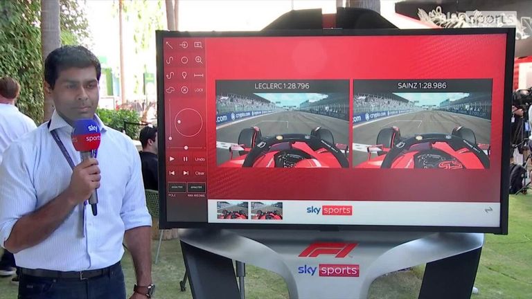 „Sky Sports“ atstovas Karunas Chandhokas atidžiau pažvelgia į „Ferrari“ poros Charleso Leclerco ir Carloso Sainzo paskutinius kvalifikacinius ratus.