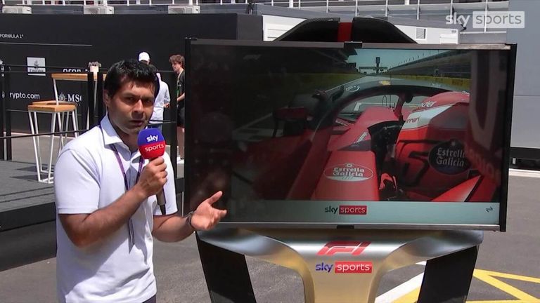 „Sky F1“ lenktynininkas Karunas Chandhokas atsižvelgia į Charleso Leclerco greičiausią ratą „Ferrari“ per treniruotes Ispanijoje.