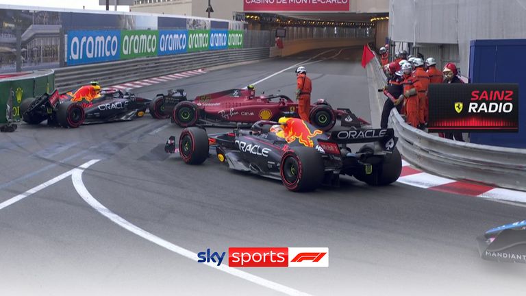 Sergio Perez loses the rear of his flying wing and slides into the wall, closing pole position to Charles Leclerc, while Carlos Sainz crashes into a parked Red Bull