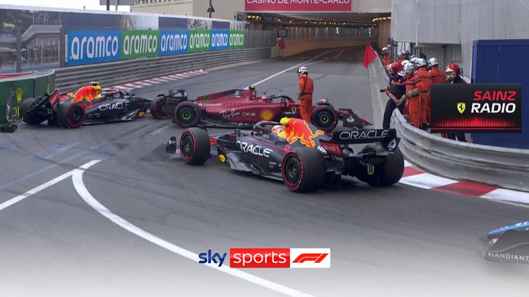 Sergio Perez loses the rear on his flying lap and slides into the wall, sealing pole position for Charles Leclerc, while Carlos Sainz crashes into the parked Red Bull.