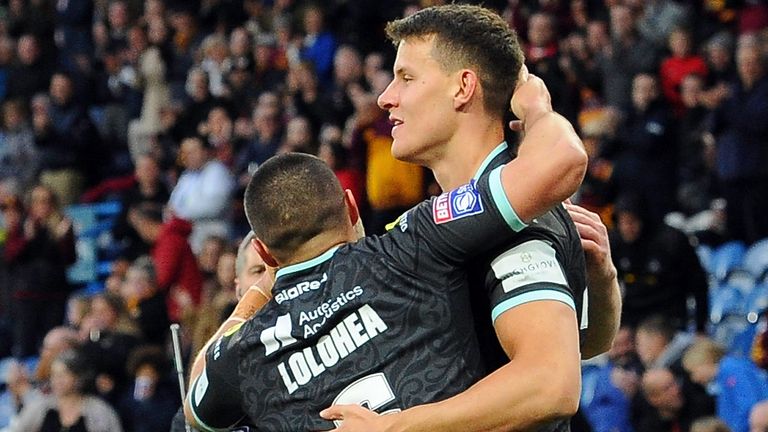 Tui Lolohea and Senior - both crucial to victory over Wigan - celebrate at the John Smith's Stadium