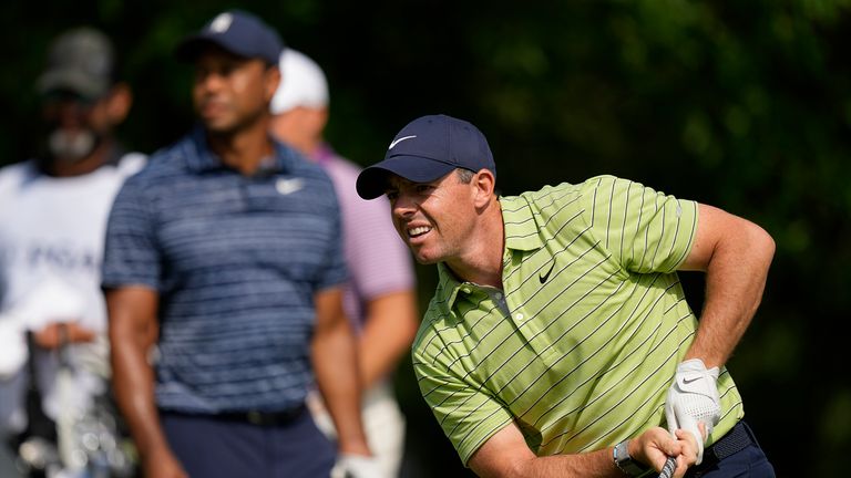 Rory McIlroy and Tiger Woods during the first round of the PGA Championship