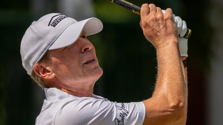 Steve Stricker tees off on the 10th hole during the final day at the Regions Tradition, a PGA Tour Champions golf event, Sunday, May 15, 2022, in Birmingham, Ala. (AP Photo/Vasha Hunt)