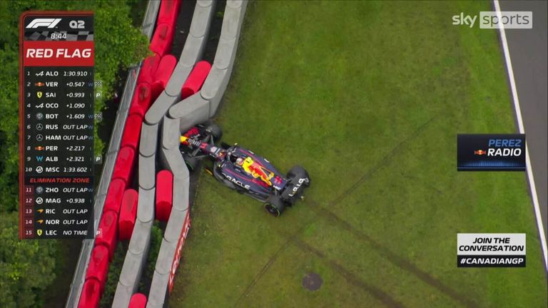 Sergio Perez ploughs his Red Bull into the wall at turn three to cause a red flag in the second session of qualifying at the Canadian GP.