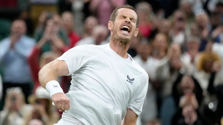 Andy Murray celebrates after beating James Duckworth at Wimbledon