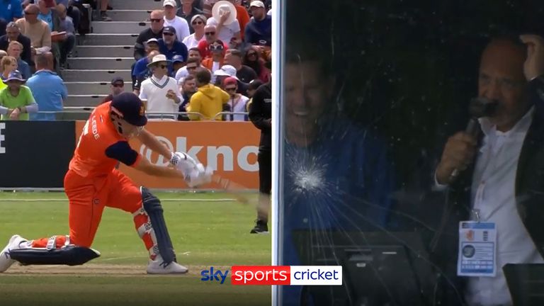 Mark Butcher and Niall O'Brien were ducking for cover as Netherlands batter Bas de Leede hit a six off Adil Rashid into the commentary box window!