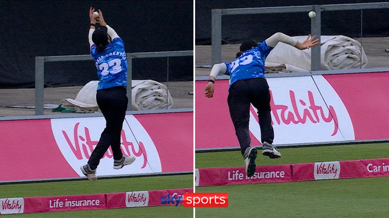 Fynn Hudson-Prentice styles out a wonder-catch as he jumps over the boundary  to deny Tom Prest a six in the T20 Blast