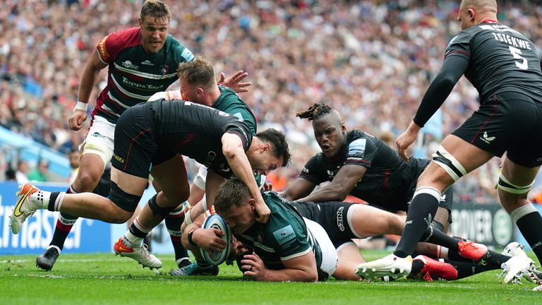 Leicester Tigers' Jasper Wiese (centre) scores their second try of the Premiership final