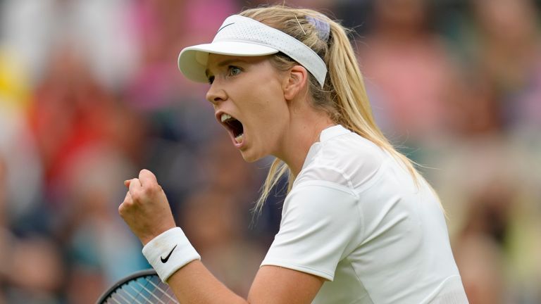 Britain's Katie Boulter is in action at Wimbledon on Saturday