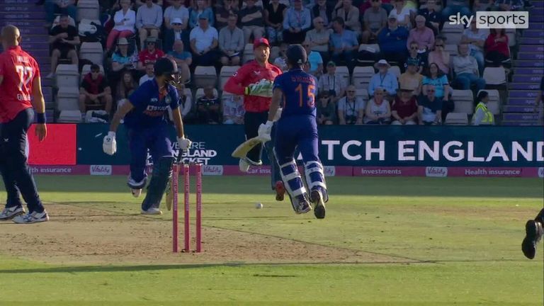 England took two wickets in the final over as India made 198-8 after electing to bat