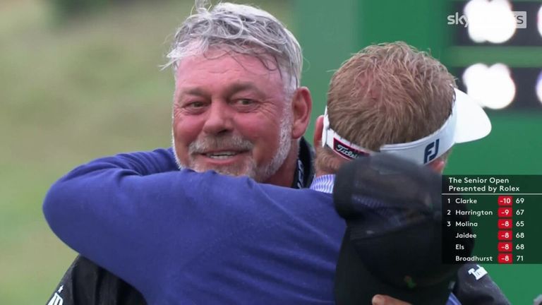 Darren Clarke pips Padraig Harrington to win The Senior Open at Gleneagles and becomes the fourth player to win both The Open and Senior Open titles.