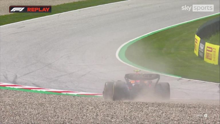 Sergio Perez runs wide and goes off the track at turn four during practice 1 of the Austrian GP