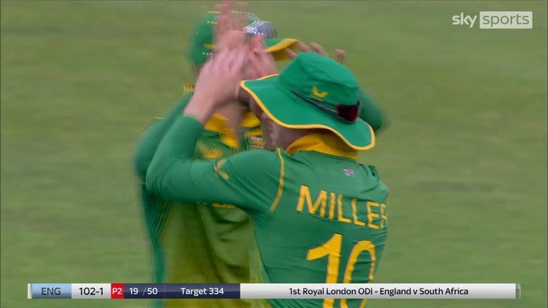 Jason Roy finds David Miller at long range, with the fielder running to claim a good catch for South Africa.