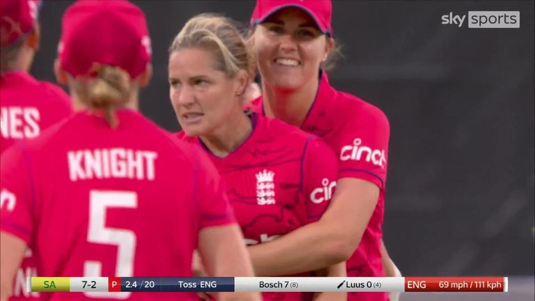 Katherine Brunt claims her 100th T20 international wicket as Sune Luus gets an inside edge on the stumps and falls in love with a duck.