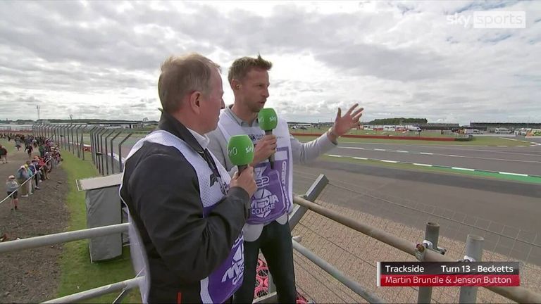 Martin Brundle and Jenson Button were on track to watch the drivers tackle challenging conditions at Becketts Corner during second practice at the British Grand Prix.