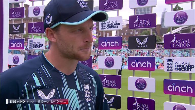 Jos Buttler reacts to England's ten wicket loss to India in the first ODI at The Kia Oval. 