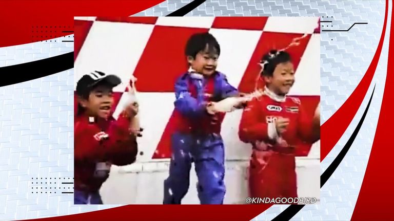 Images of a young Yuki Tsunoda celebrating a race win in style.