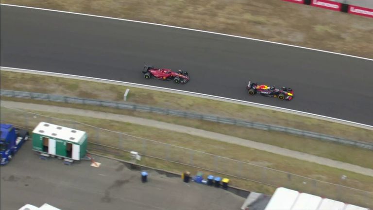 Max Verstappen gets past Charles Leclerc, who continues to struggle with the hard tyres again.