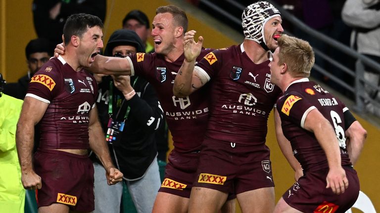 Ben Hunt celebrates his game-clinching try as Queensland won this year's State of Origin series