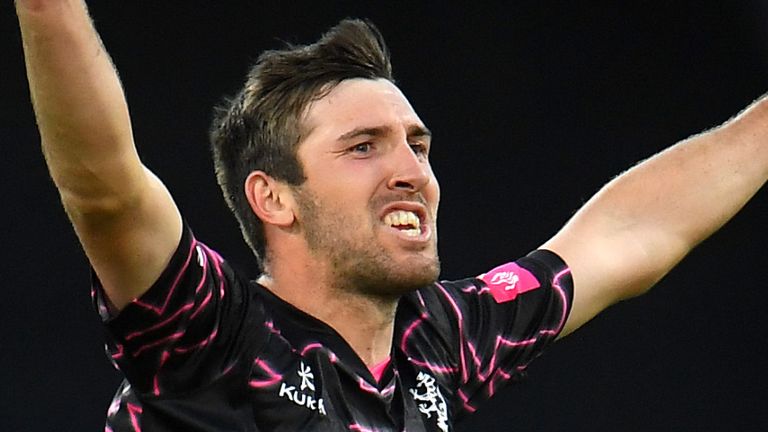 Craig Overton of Somerset celebrates after taking the wicket of his brother Jamie Overton of Surrey during the Vitality T20 Blast match at Taunton