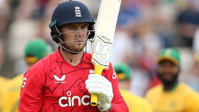 Jason Roy walks after being eliminated in the third T20I between England and South Africa at the Ageas Bowl