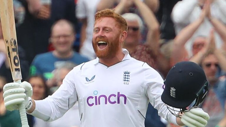 Bairstow celebrates his hundred against India on day three at Edgbaston