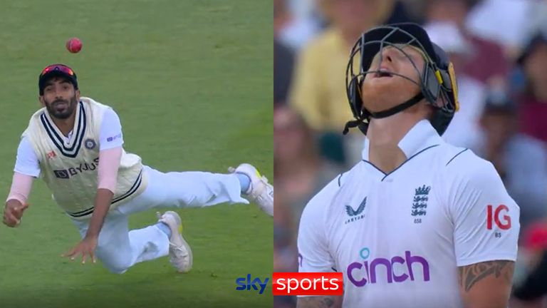 Ben Stokes is finally caught by Jasprit Bumrah, exactly one delivery after being knocked down by the Indian pitcher.