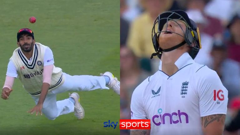 Ben Stokes finalmente fue atrapado brillantemente por Jasprit Bumrah en el medio, una pelota después de que el mismo fildeador la dejara caer.