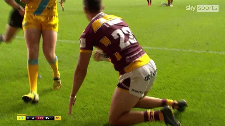 Louis Senior scores to give Huddersfield Giants the lead against Leeds Rhinos just before half-time. 