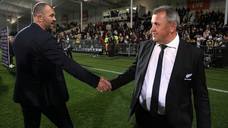 New Zealand's head coach Ian Foster (right) shakes hands with Argentina's head coach Michael Cheika after the All Blacks suffered a shock defeat on home soil