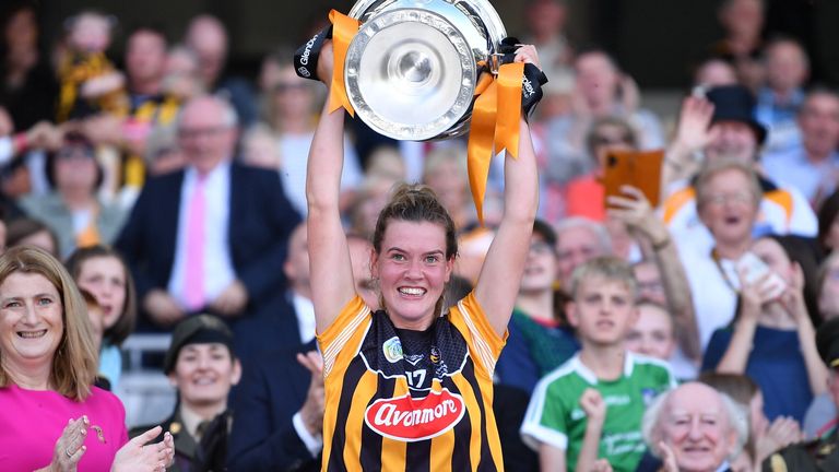 Kilkenny captain Aoife Prendergast lifts the O'Duffy Cup