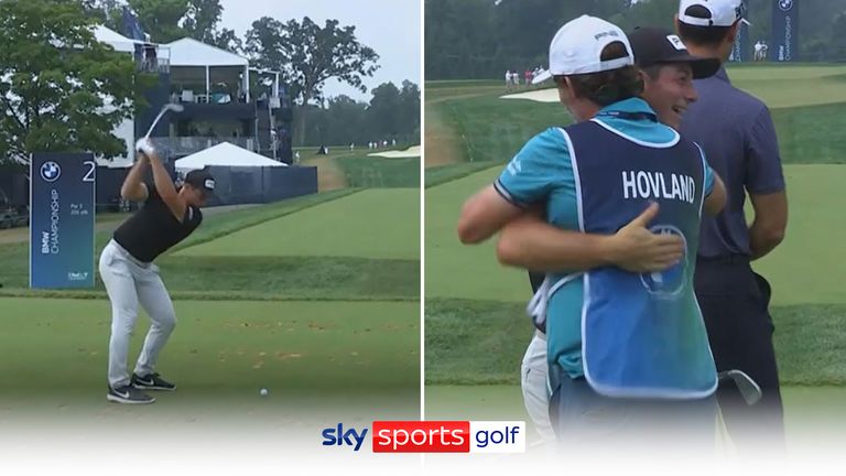 Viktor Hovland makes a hole-in-one in the final round of the BMW Championship at Wilmington Country Club.