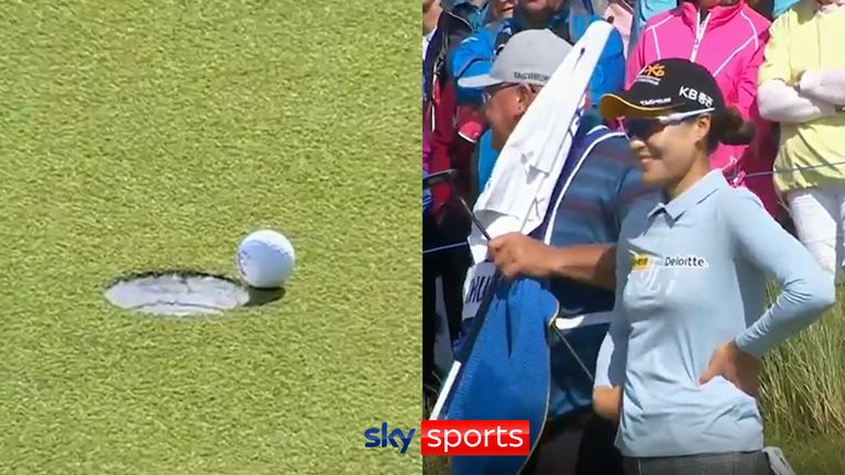 Chun's long birdie attempt stops next to the hole for seven seconds before eventually dropping in to move her tied for the lead at the British Open
