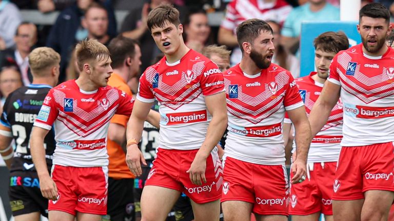St Helens celebrate a try from Jon Bennison