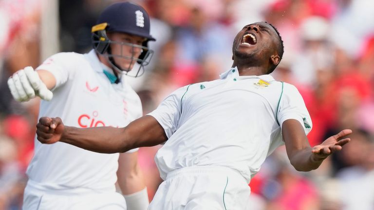 Kagiso Rabada celebrates after dismissing James Anderson to complete his 12th five-wicket haul in Test cricket and first at Lord's