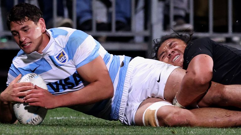 Samso Gonzalez (left) scores in Argentina's huge win against New Zealand