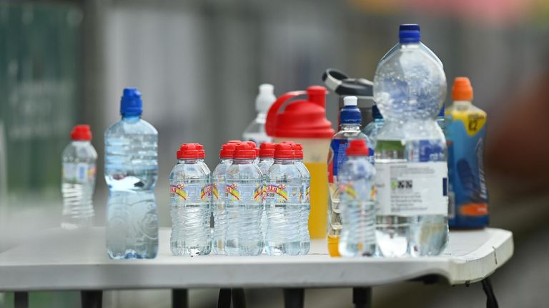 Water bottles on a table during the 2021 Allianz Hurling League match between Laois and Dublin