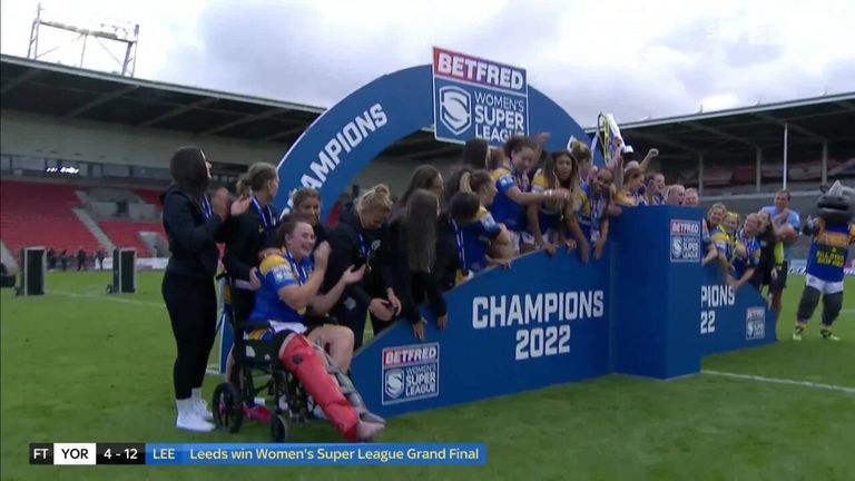 Watch Leeds Rhinos lift the Betfred Women's Super League trophy. 
