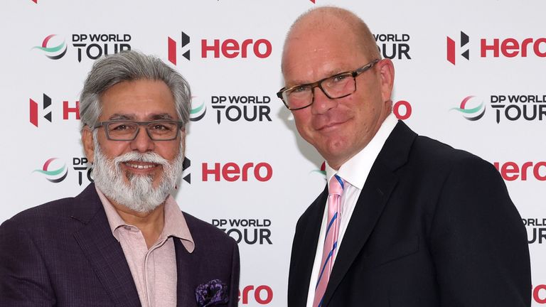  Dr. Pawan Munjal, Chairman and CEO of Hero MotoCorp, and Guy Kinnings, European Ryder Cup Director and the DP World Tour&#8217;s Deputy CEO and Chief Commercial Officer, after the announcement of the Hero Cup
