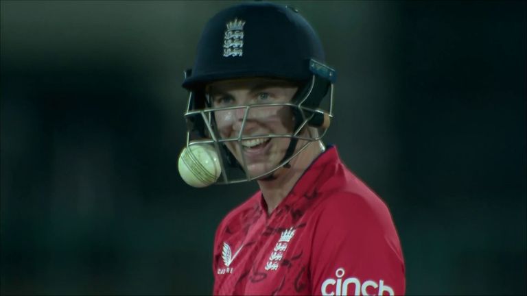 In a very unusual moment, the ball gets wedged into England batter Harry Brook's helmet grill!