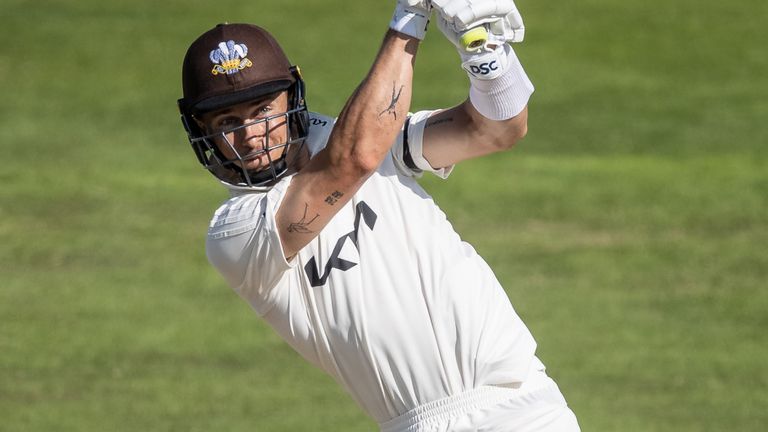 Tom Curran hits out during the LV= Insurance County Championship match between Northamptonshire and Surrey (Photo by Andy Kearns/Getty)