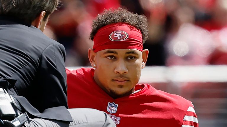 San Francisco 49ers quarterback Trey Lance is carted off the field on Sunday with his season now over