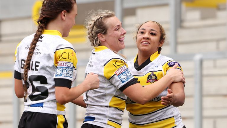 Kelsey Gentles celebrates with his York team-mates after scoring a try in the win over Wigan